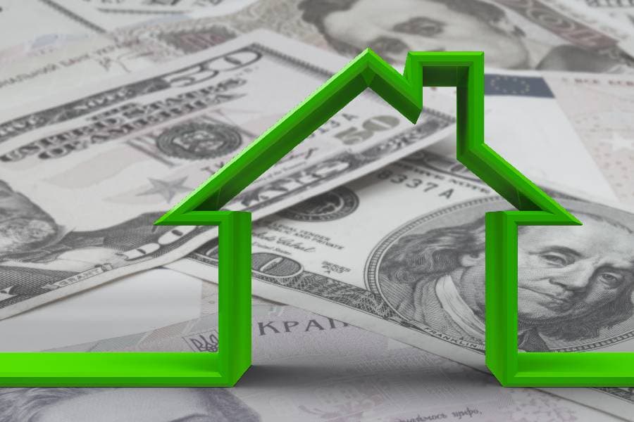 Green house outline on black and white money background